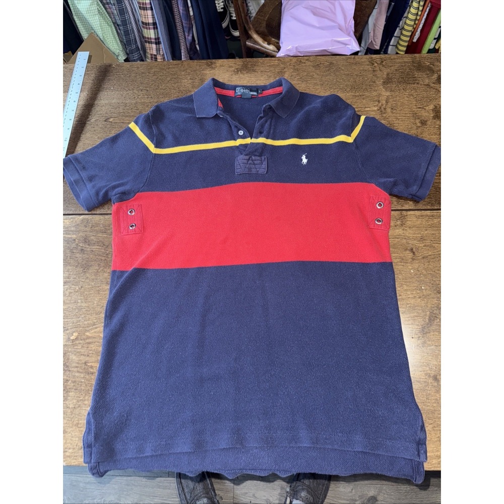 VTG Polo Ralph Lauren Men's Blue Red Yellow Pony Vented Polo Shirt Size Large